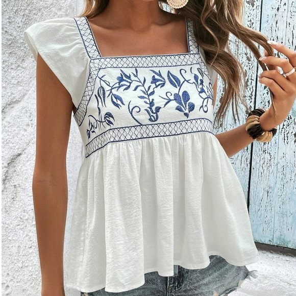 . Tops - White Boho Womens Floral Embroidery Ruffle Trim Peplum Blouse